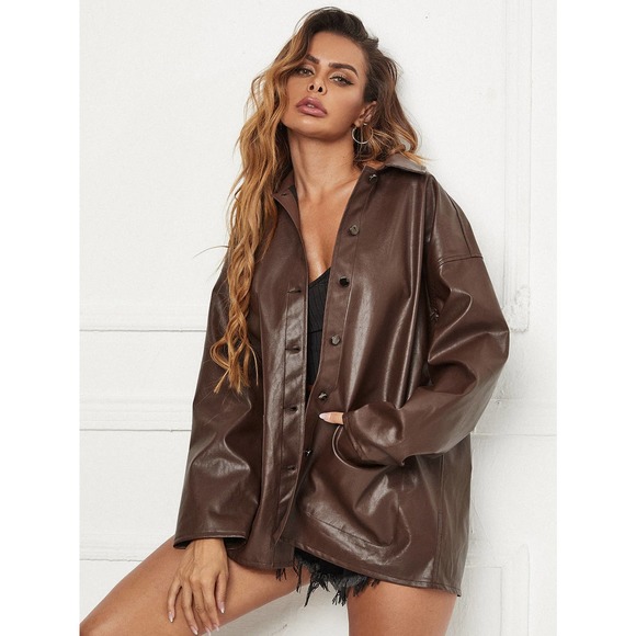 oversized Button Front vegan Leather trucker Jacket shacket brown - Picture 5 of 5